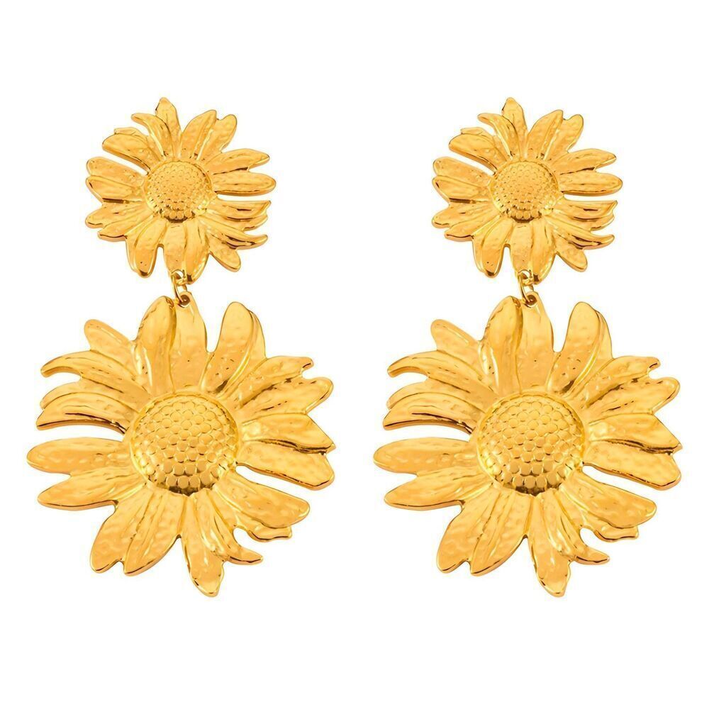 18K Gold Plated Women's Sunflower Pierced Earrings Dangling Bold Floral Chic